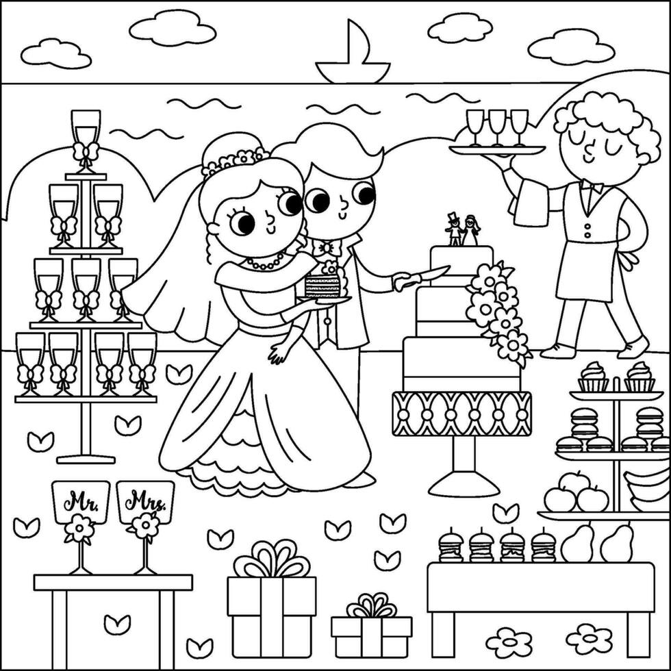 Vector black and white wedding scene with cute just married couple. Marriage line ceremony landscape coloring page with bride and groom. Husband and wife cutting the cake near the candy bar