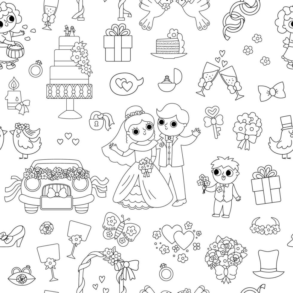 Vector black and white wedding seamless pattern. Cute line marriage repeat background with bride and groom. Just married couple coloring page. Funny ceremony digital paper with cute bridesmaids