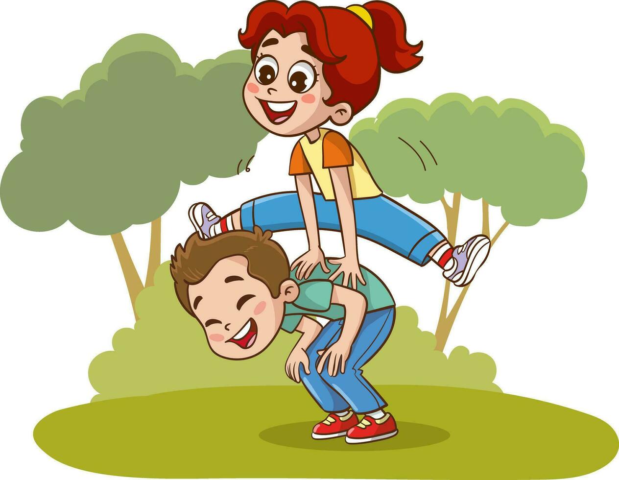 vector illustration of children playing leapfrog.Boy and girl playing together in the park. Vector illustration of a boy and girl playing in the park.