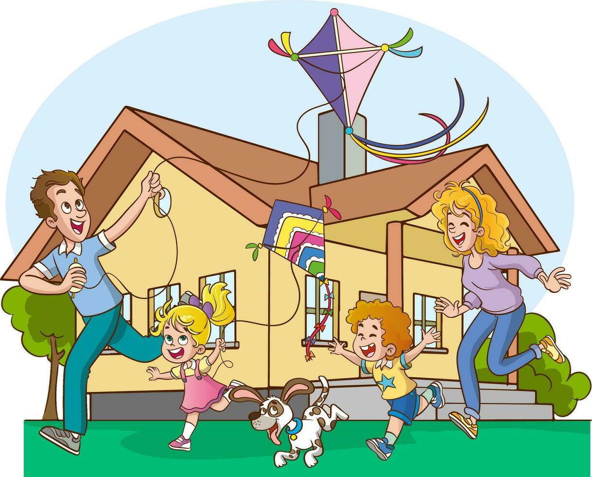 A vector illustration of a happy family with kids having fun with kite kite.family flying a kite vector