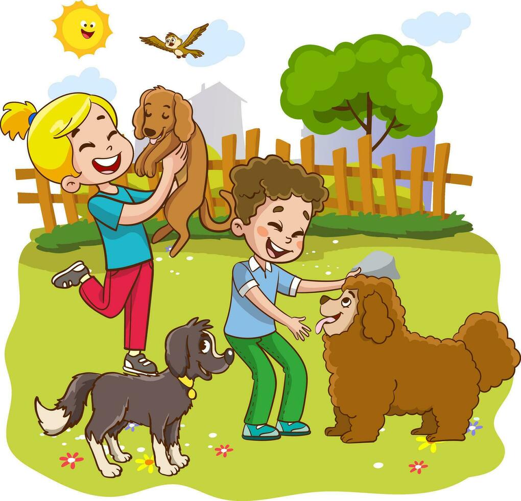 vector illustration of children playing and loving with dog
