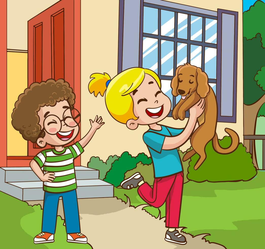 vector ilustración de niños jugando y amoroso con perro