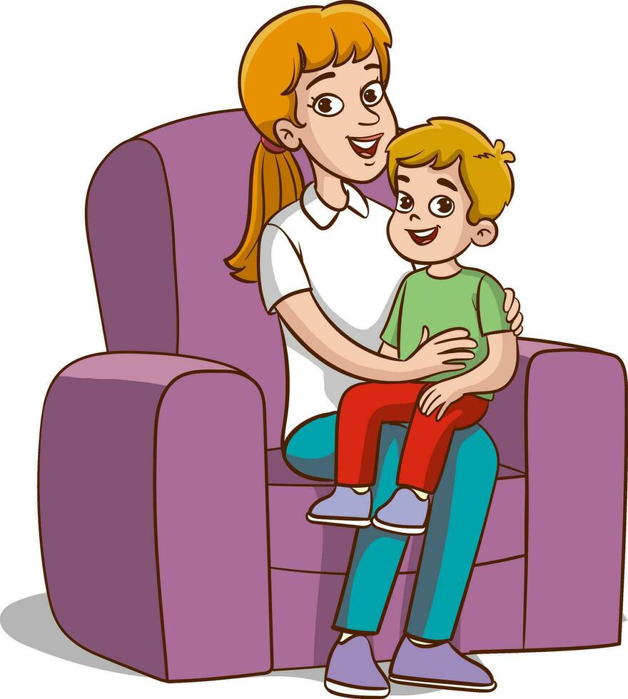 ilustración de un madre abrazando su hijo mientras sentado en un sofá vector
