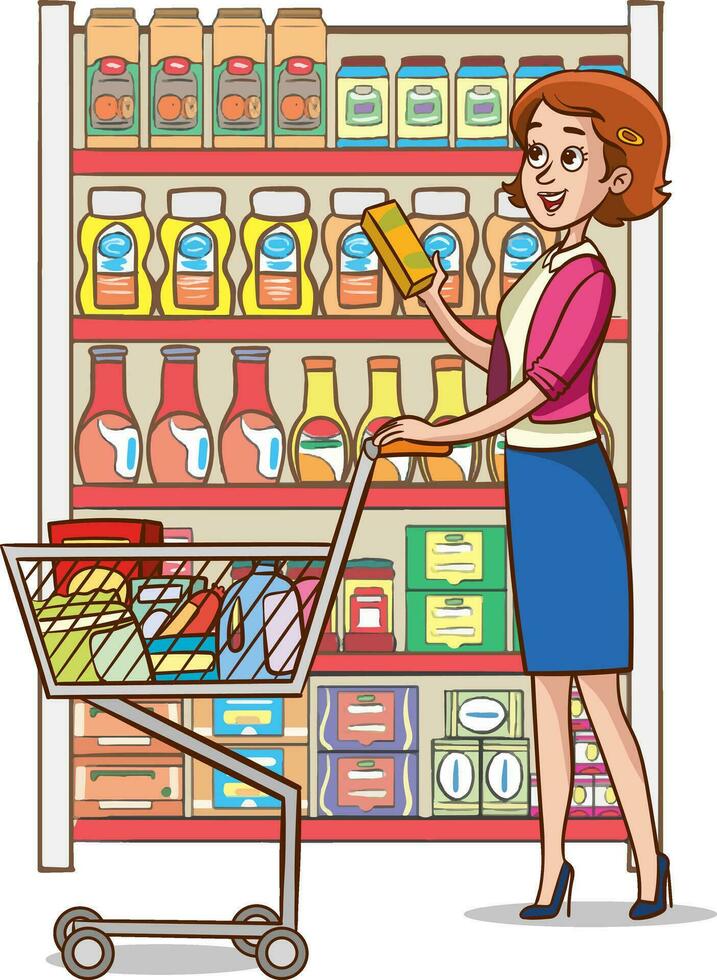 Cartoon illustration of a young woman shopping in a grocery store. vector