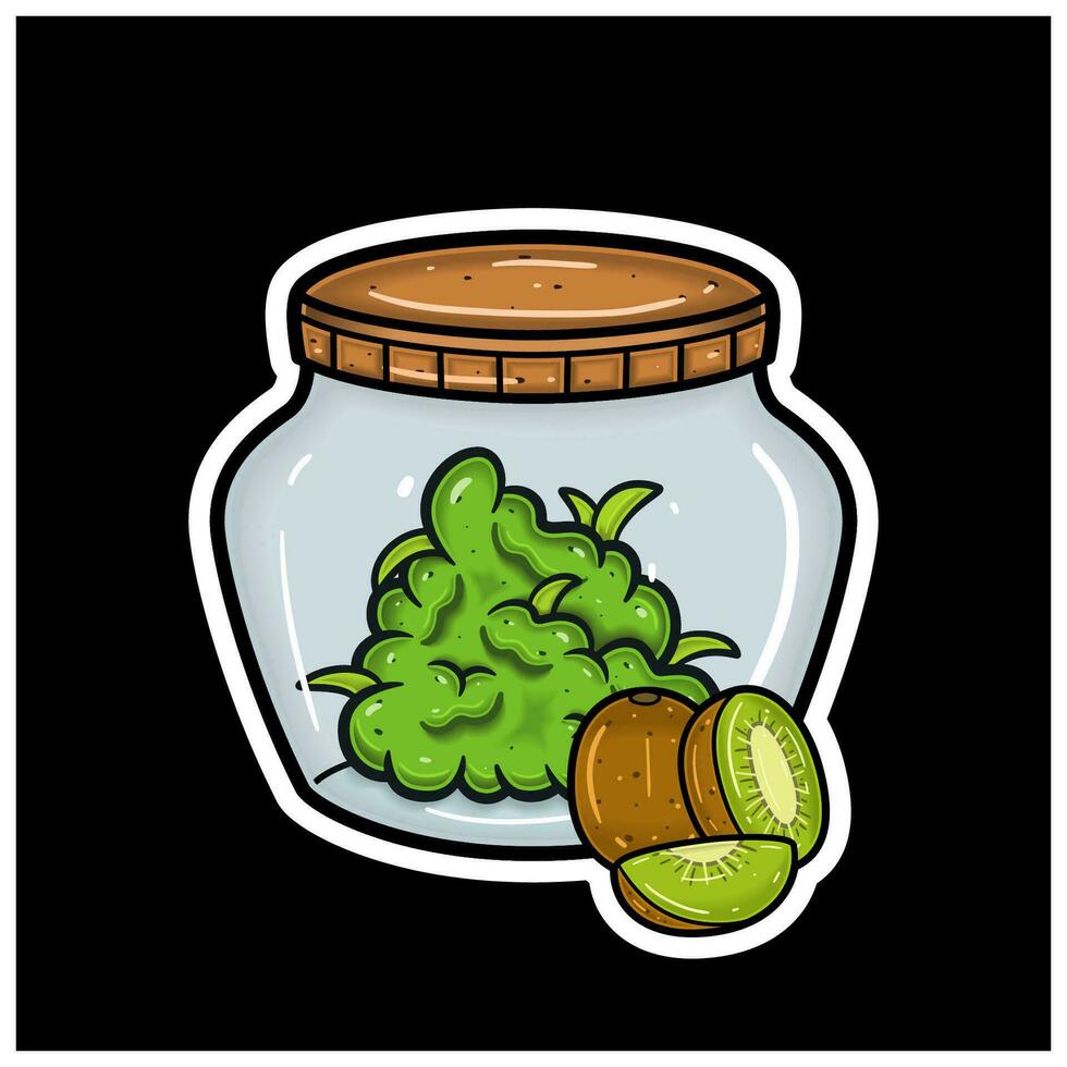Kiwi Fruit Flavor With Cartoon Mascot of Weed Bud On Jar. For Sticker and label. vector