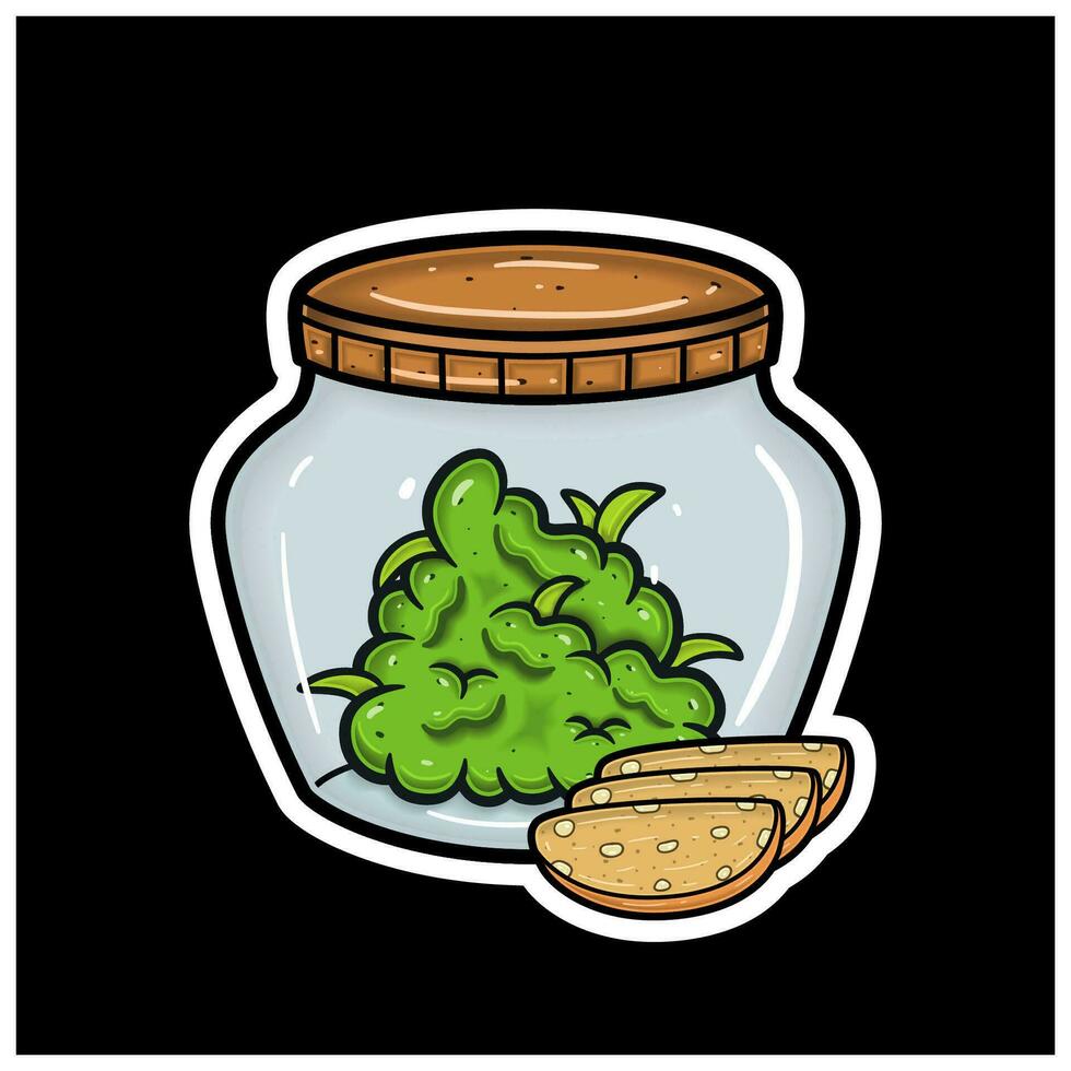 Biscotti Flavor With Cartoon Mascot of Weed Bud On Jar. For Sticker and label. vector