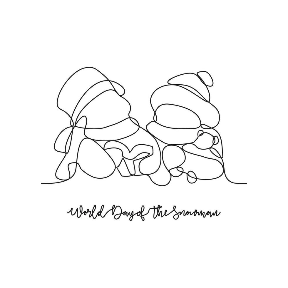One continuous line drawing of World Snowman Day vector illustration. Celebrated every year on January 18th and is a day dedicated to appreciating and building everyone's favorite the snowman.
