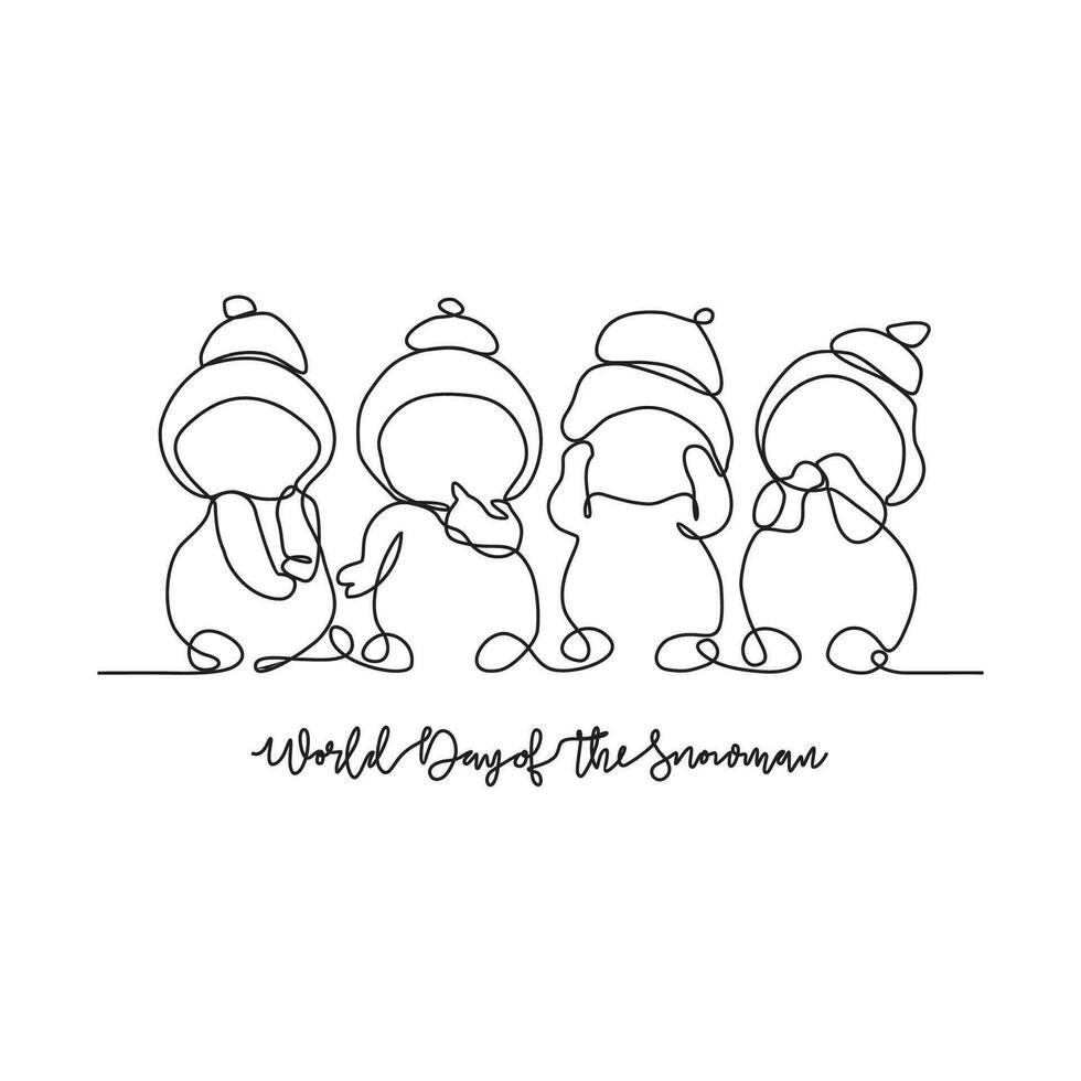One continuous line drawing of World Snowman Day vector illustration. Celebrated every year on January 18th and is a day dedicated to appreciating and building everyone's favorite the snowman.
