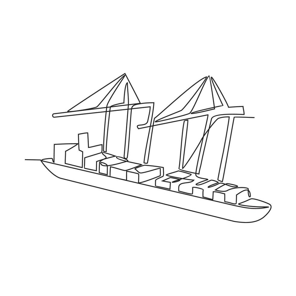 One continuous line drawing of a cargo ship is preparing to unload its cargo at the port vector illustration. Sea transportation design concept. Sea transportation design suitable for your asset.