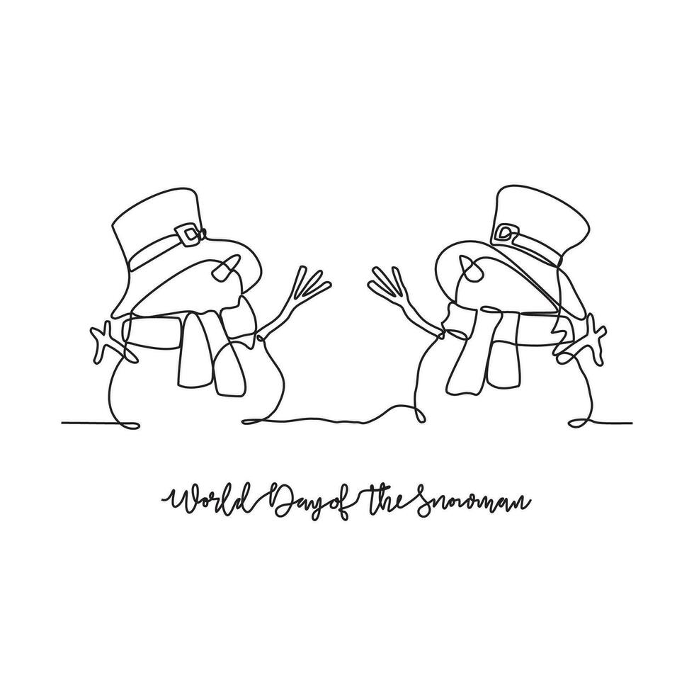 One continuous line drawing of World Snowman Day vector illustration. Celebrated every year on January 18th and is a day dedicated to appreciating and building everyone's favorite the snowman.