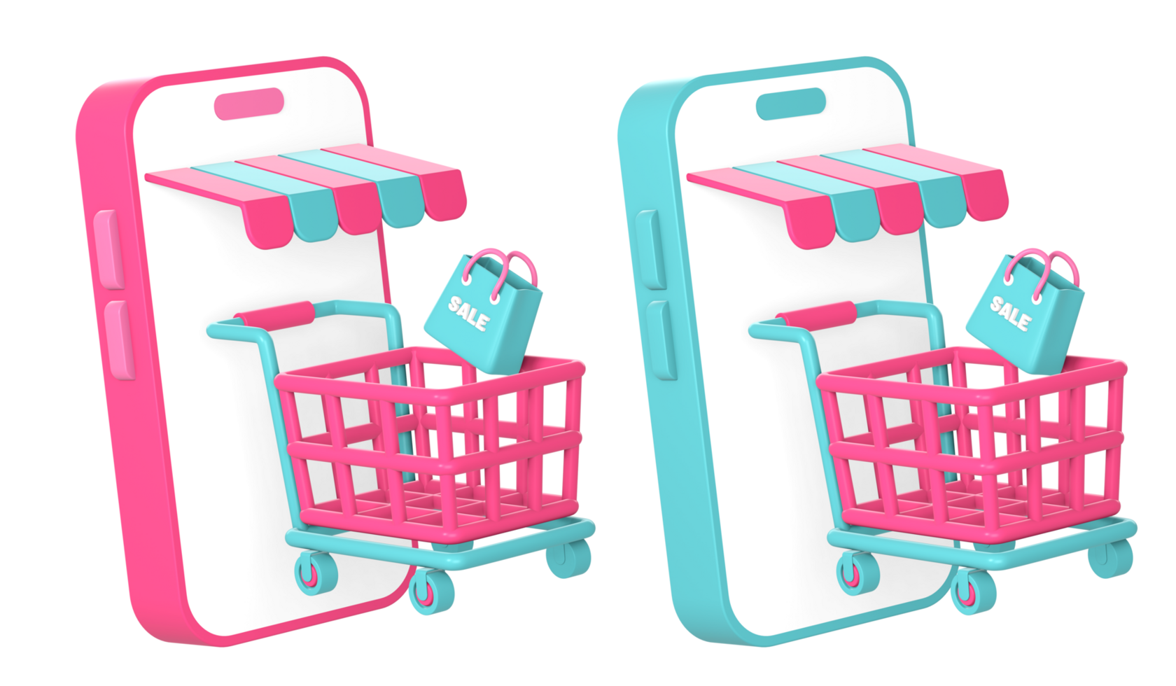 3d online shopping using smartphone with shopping cart or trolley icon illustration for UI UX social media ads design png