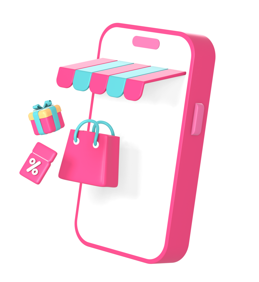 3d online shopping using smartphone with discount promo gift icon illustration for UI UX social media ads design png