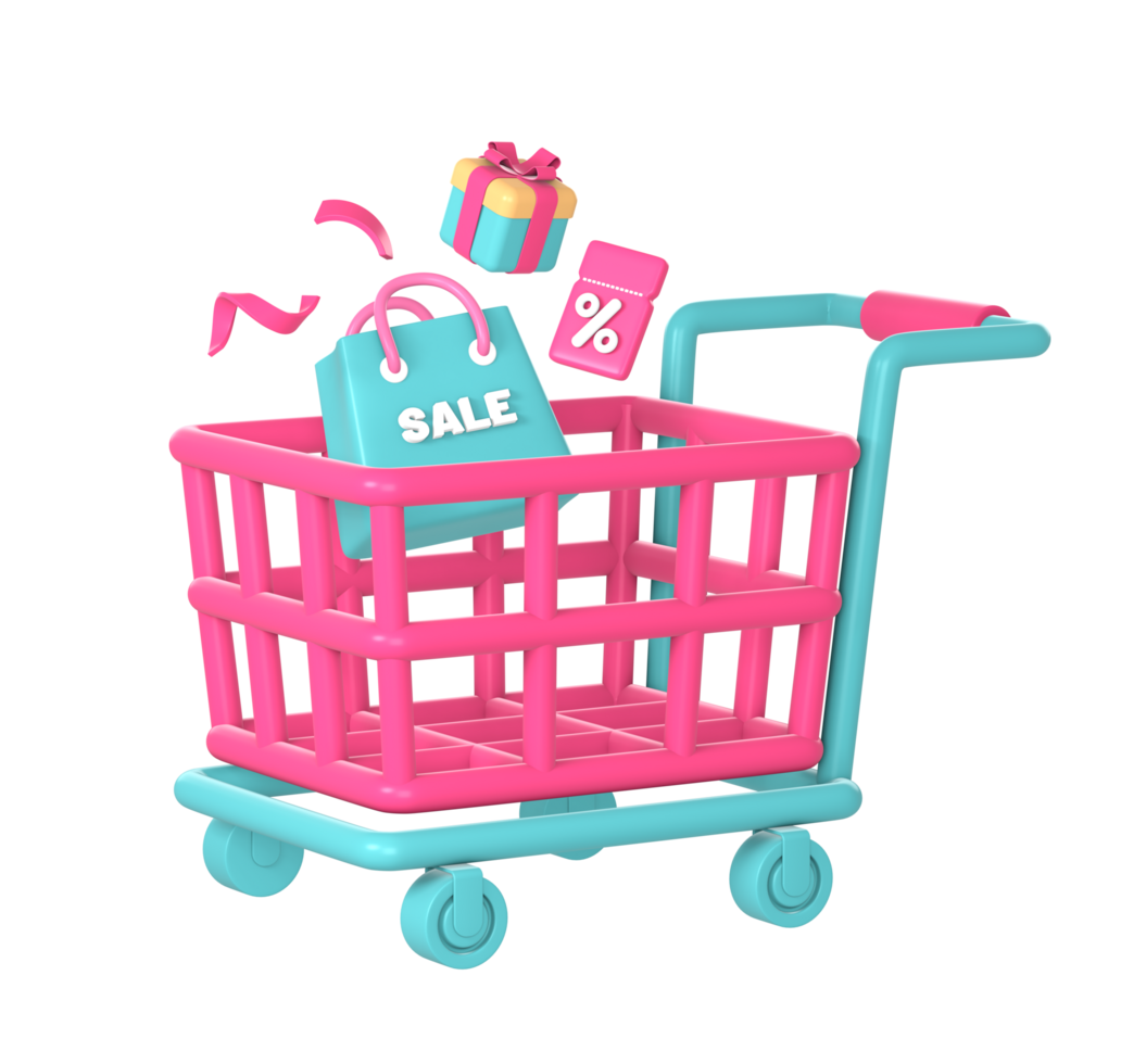 3d shopping cart or trolley with discount sale promo gift icon illustration for UI UX social media ads design png