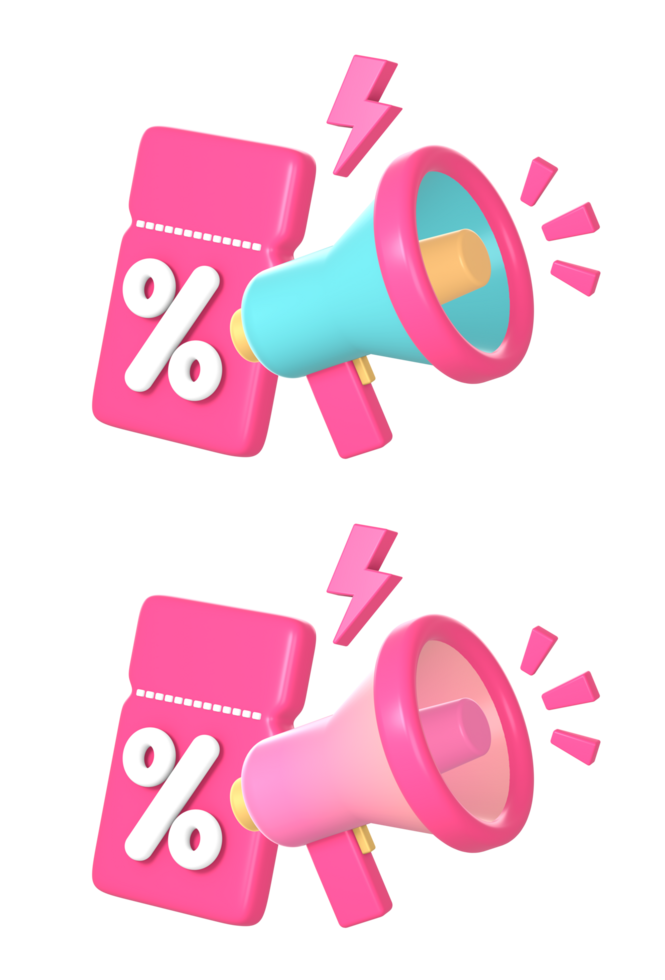 3d promo discount coupon or voucher with loud speaker and flash icon illustration for UI UX web mobile apps social media ads png