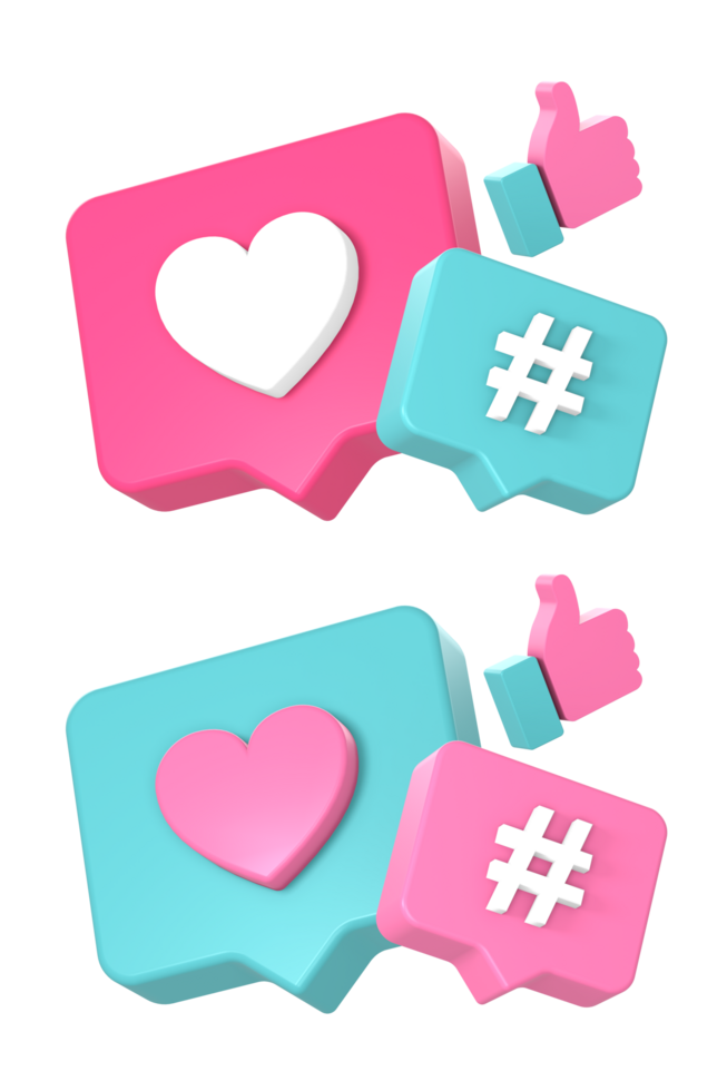 3d sociale media amore e mano piace con hashtag icona illustrazione per ui UX ragnatela mobile applicazioni sociale media Annunci design png