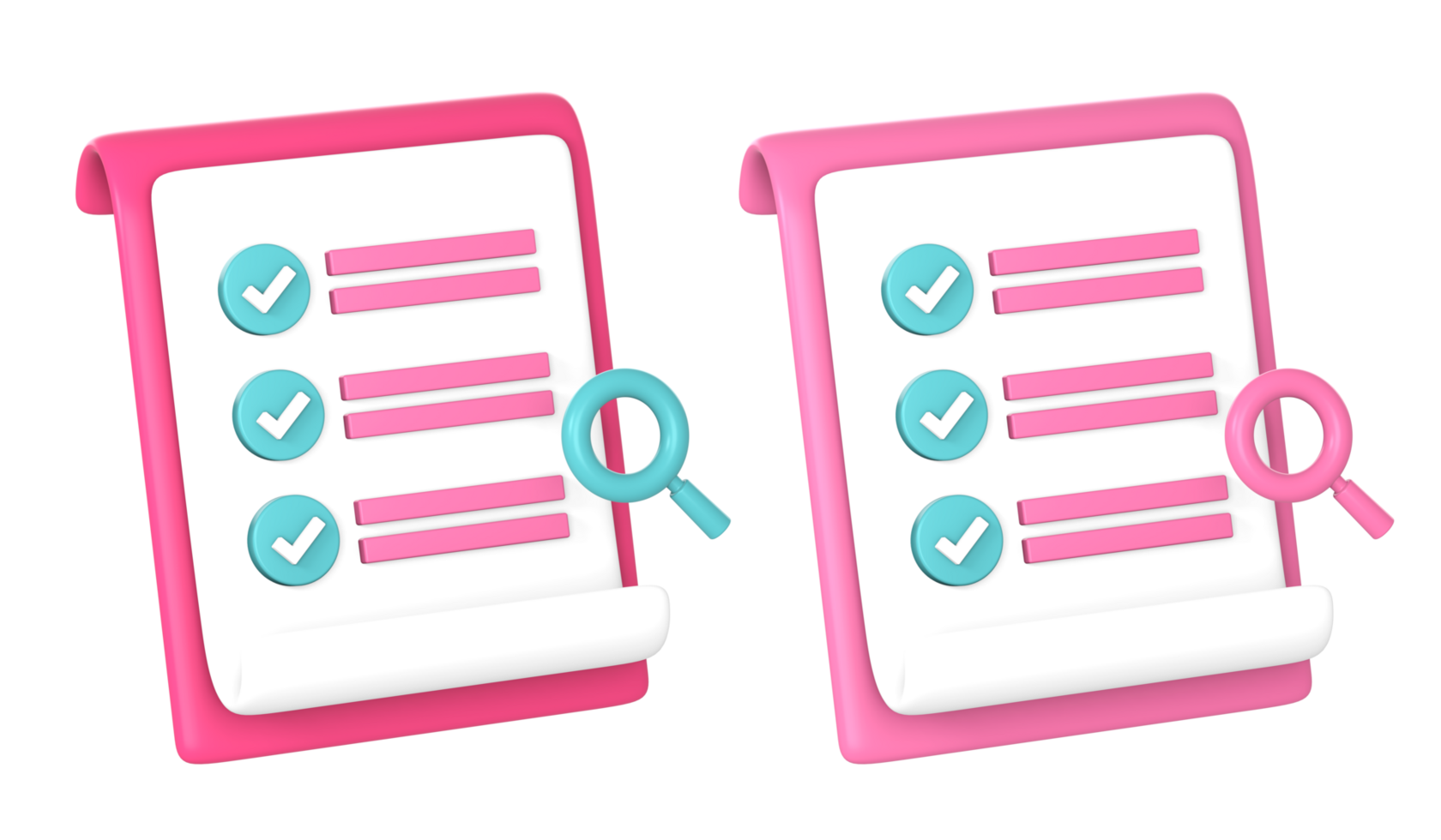 3d searching item list with check mark and magnifying glass icon illustration for UI UX web mobile apps social media ads png