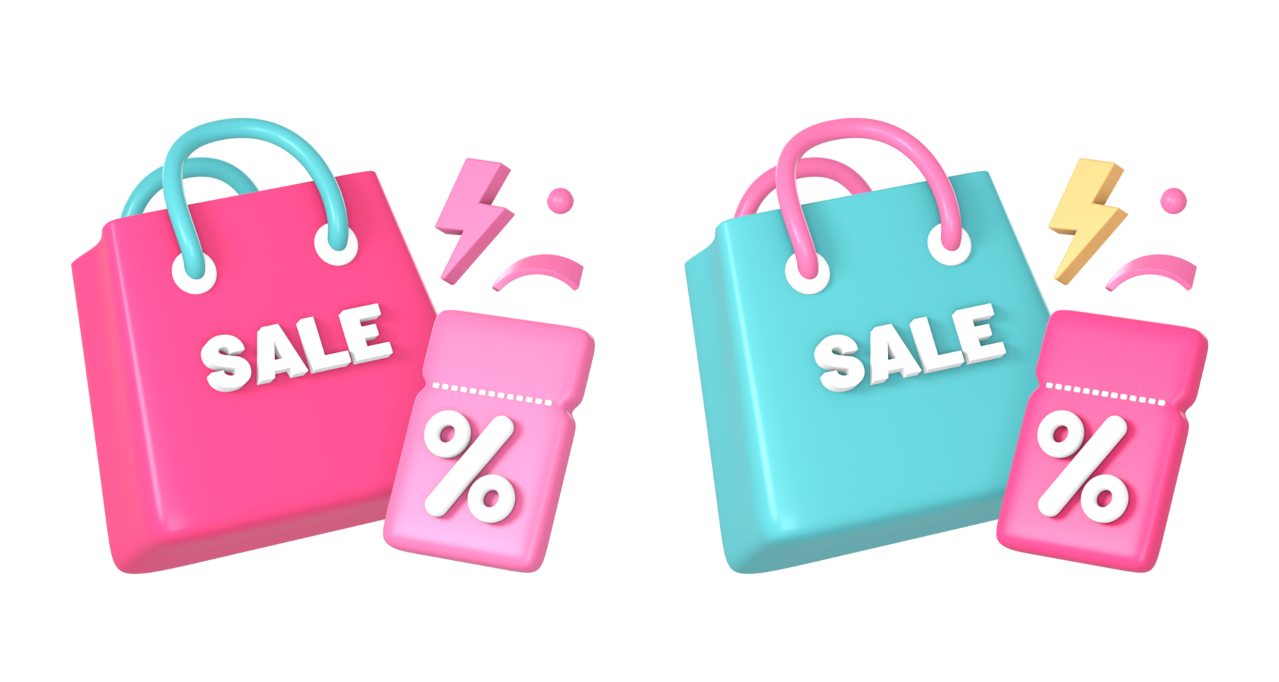 3d shopping bag with promo sale discount coupon or voucher and flash side icon illustration for UI UX social media ads png