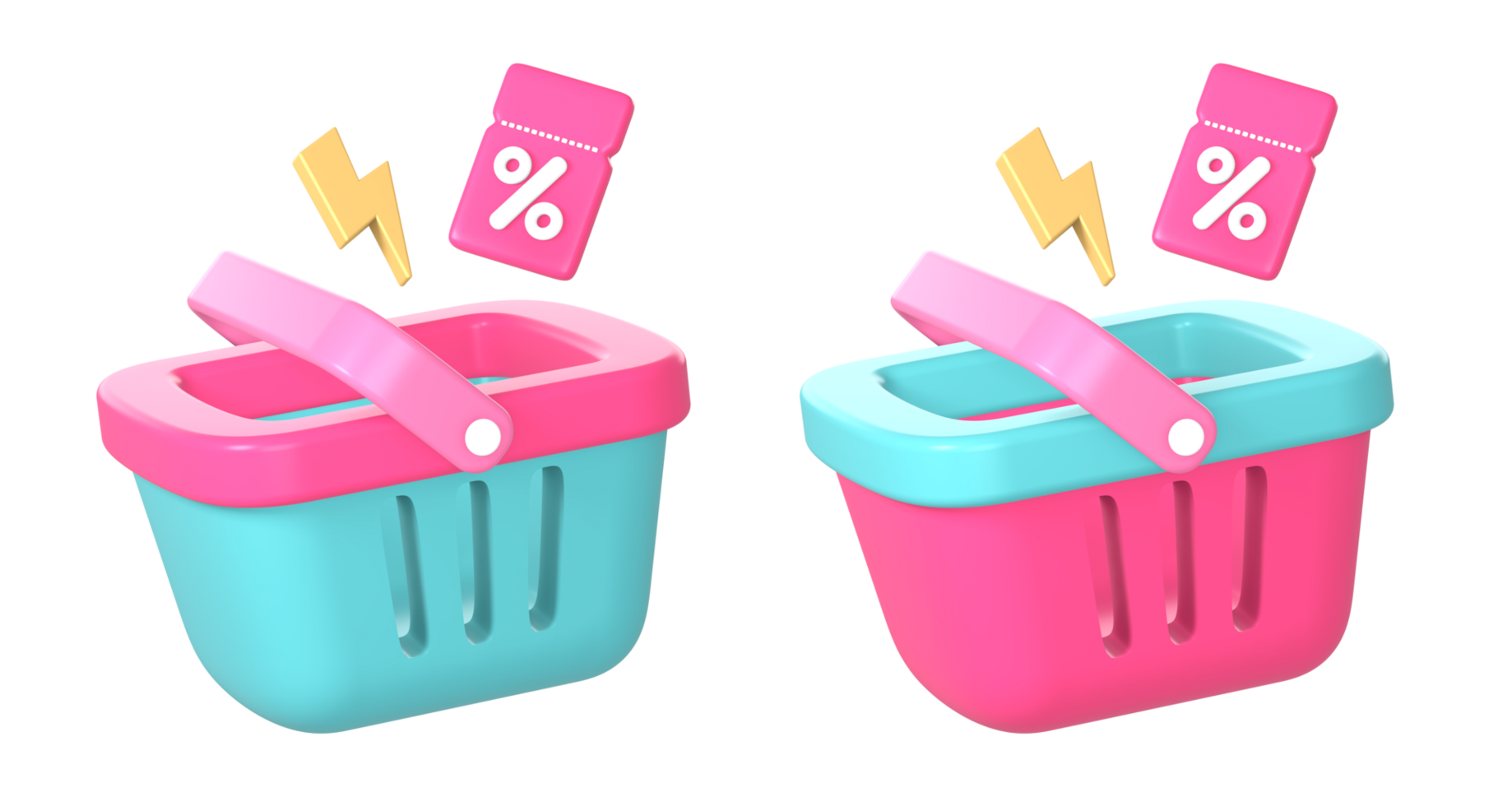 3d shopping basket with promo discount voucher and flash icon illustration for UI UX web mobile apps social media ads png
