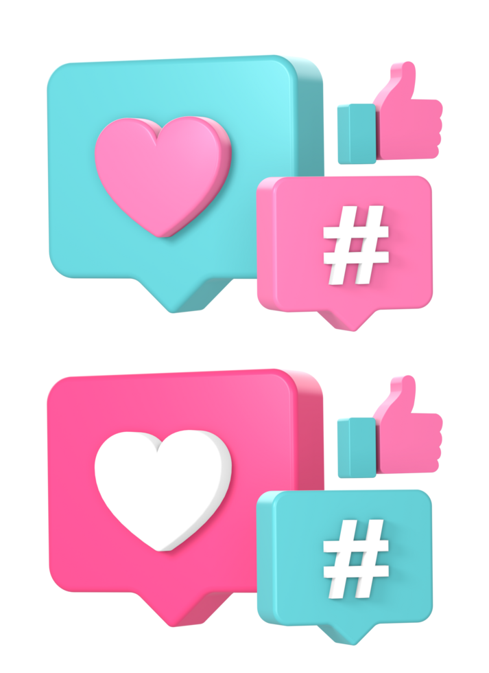 simple 3d social media love and hand like with hashtag icon illustration for UI UX web mobile apps social media ads png