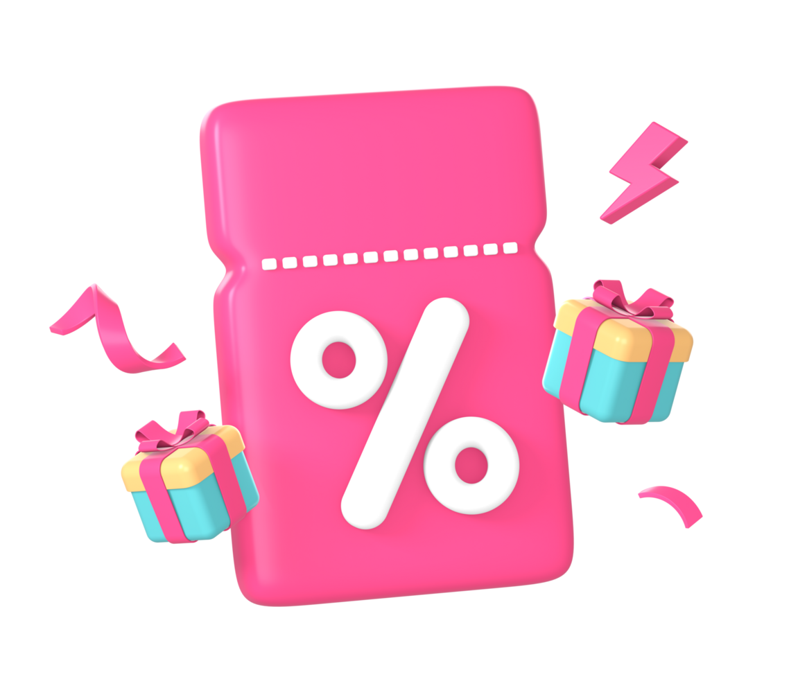 3d promo korting coupon of tegoedbon code met twee cadeaus en flash icoon illustratie voor ui ux web mobiel apps sociaal media advertenties png