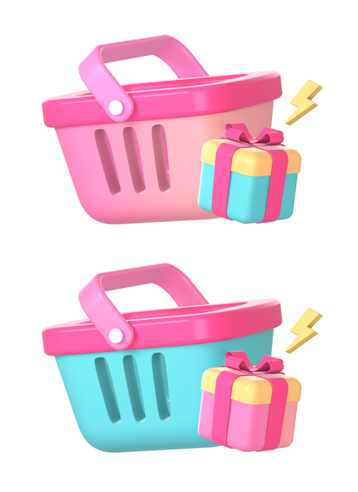 3d shopping basket with gift and flash icon illustration for UI UX web mobile apps social media ads design png