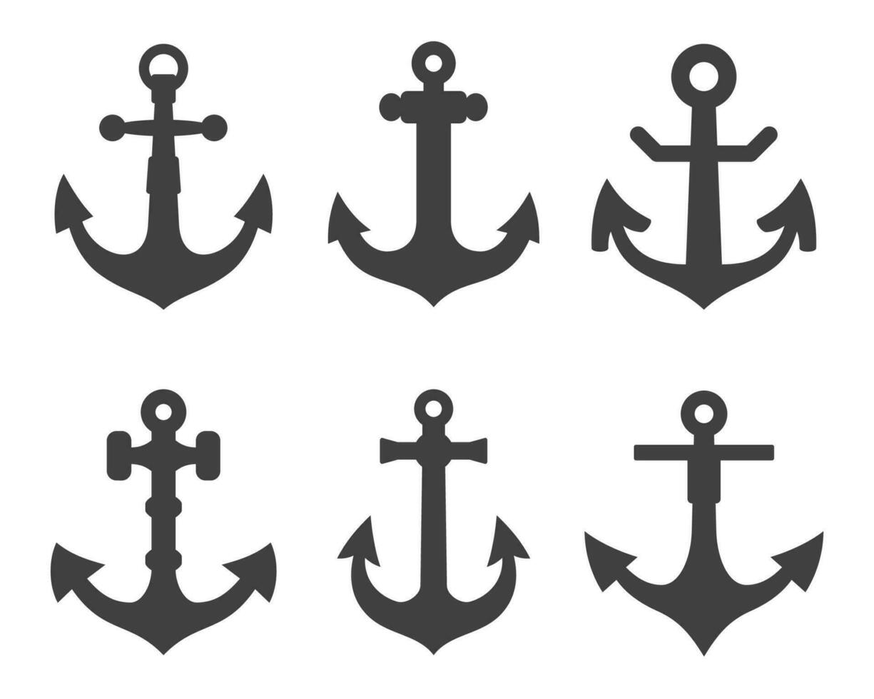 Anchor black icons set. Silhouettes marine equipment. Nautical vessel mooring appliance, Traditional ship accessory. Navy, ocean fleet, harbor vector illustration