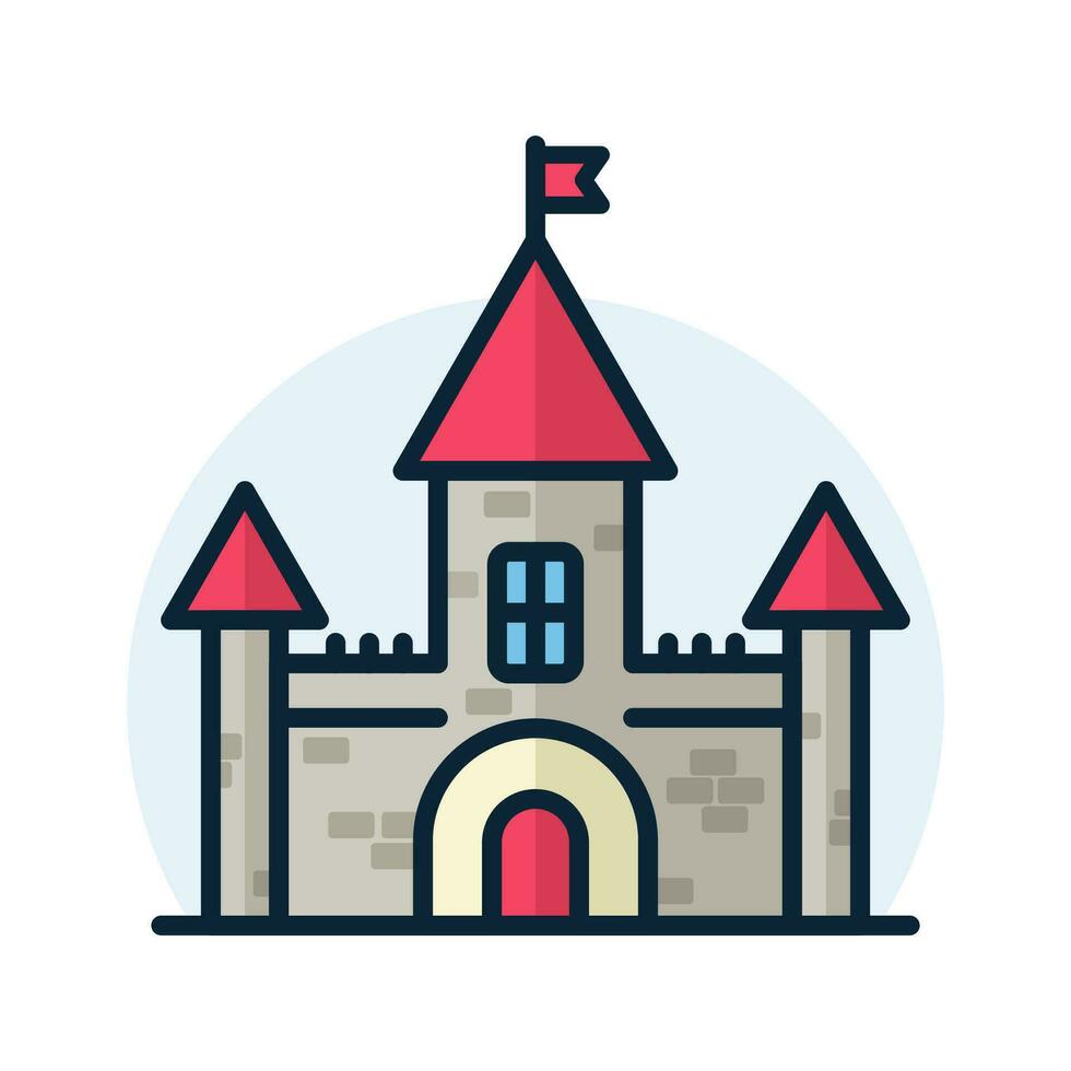 Castle line icon. Kingdom tower fantasy gothic architecture building silhouette. Medieval fortress palace. Royal old ancient magic castle. Vector illustration