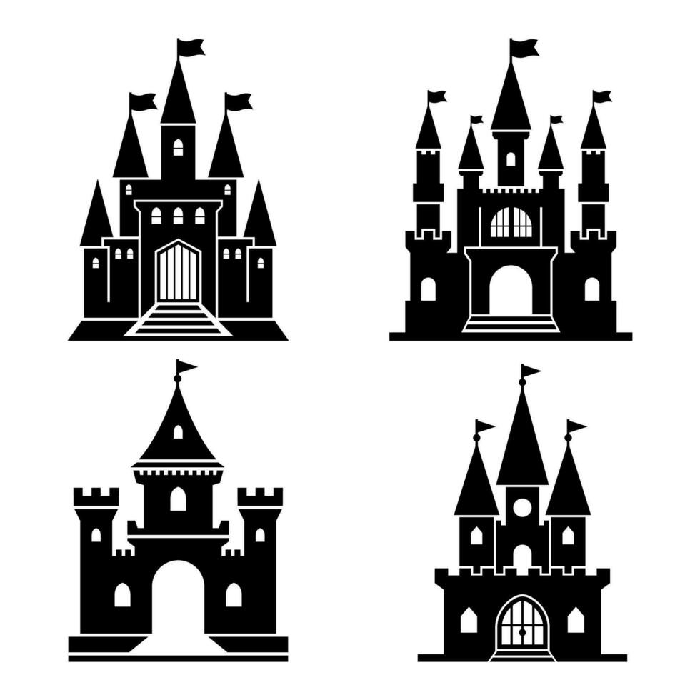 Black castle icon set. Kingdom towers fantasy gothic architecture buildings silhouette collection. Medieval fortress palace. Royal old ancient magic castles. Vector illustration
