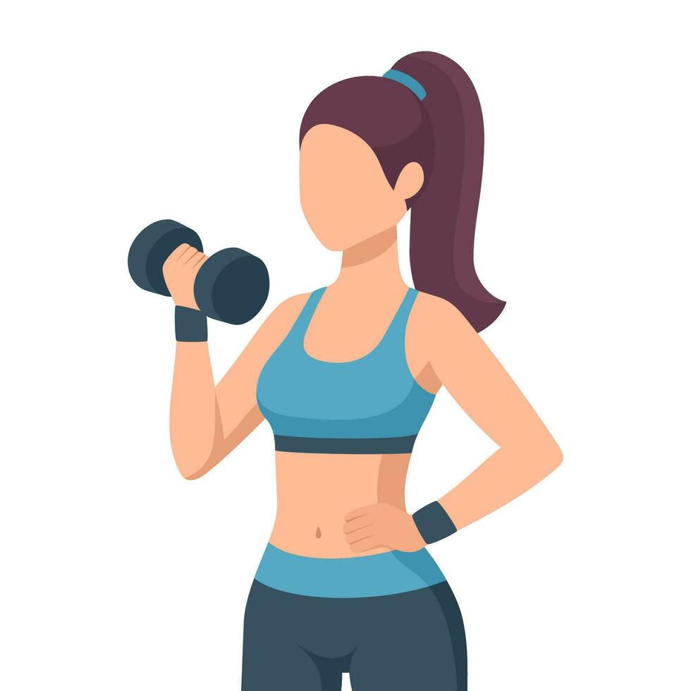 Fitness woman with dumbbell. Sexy athletic girl bodybuilder. Fitness female for gym or club concept in flat cartoon style. Vector illustration