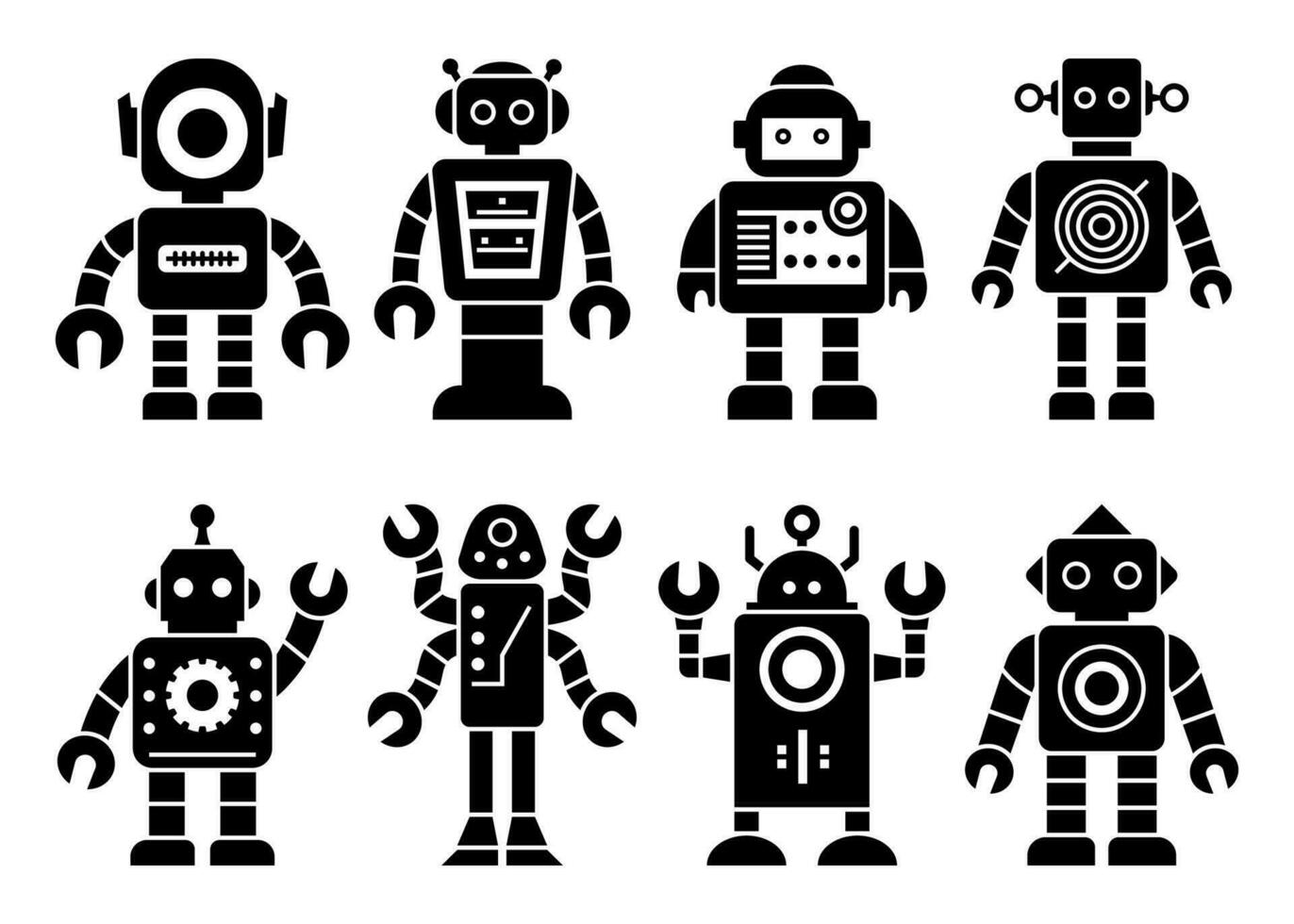 Robots set happy funny black icons. Machine technology cyborg silhouette. Futuristic humanoid characters set. Science robotic, Android friendly character, robotic technology vector illustration
