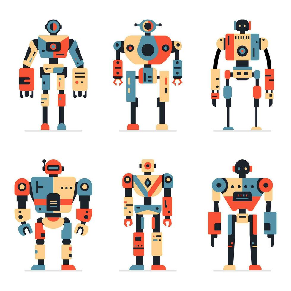 Robot set machine technology cyborg. Futuristic humanoid characters set. Science robotic, Android friendly character, robotic technology vector illustration