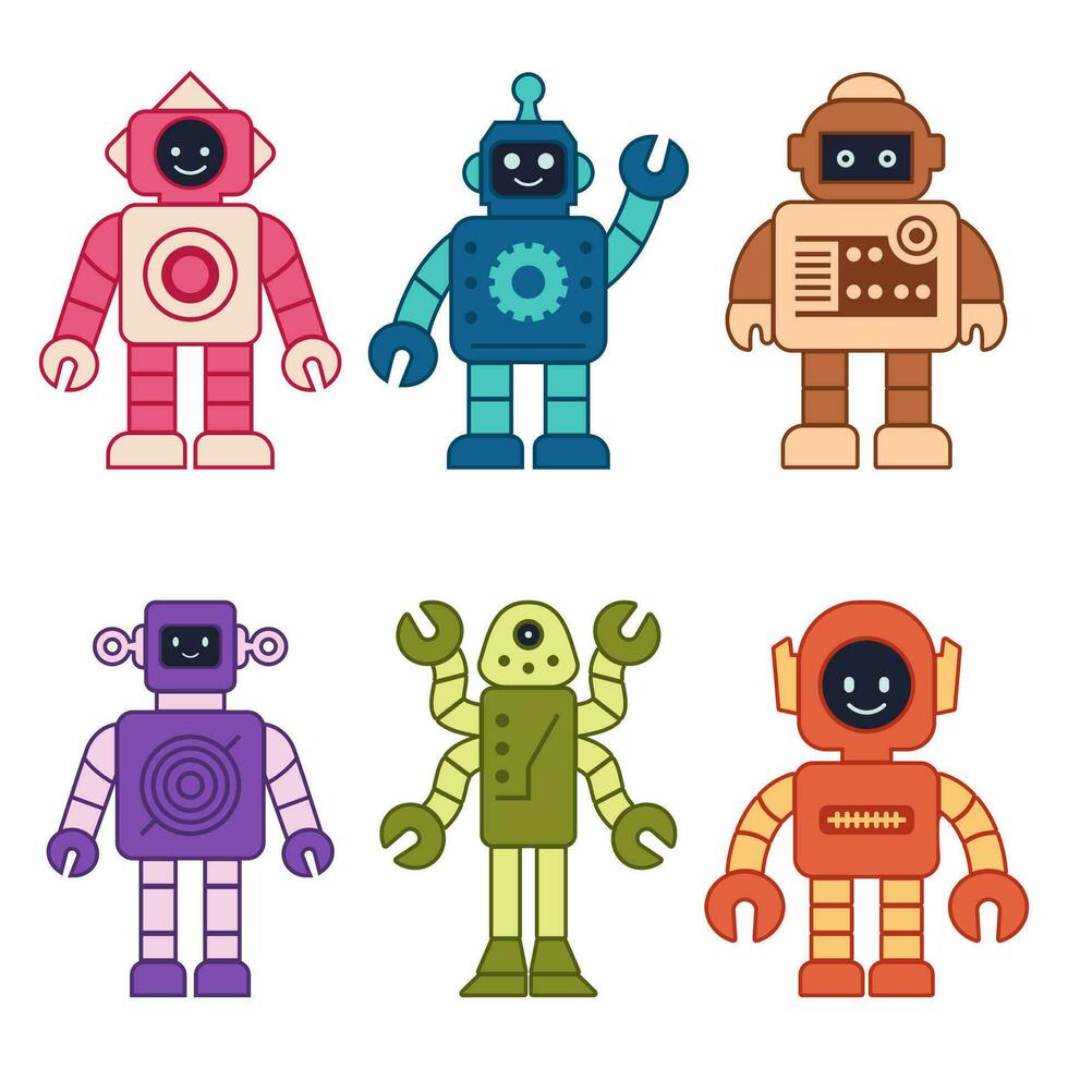 Set happy funny cartoon childish robots line icons. Machine technology cyborg. Futuristic humanoid characters set. Science robotic, Android friendly character, robotic technology vector illustration