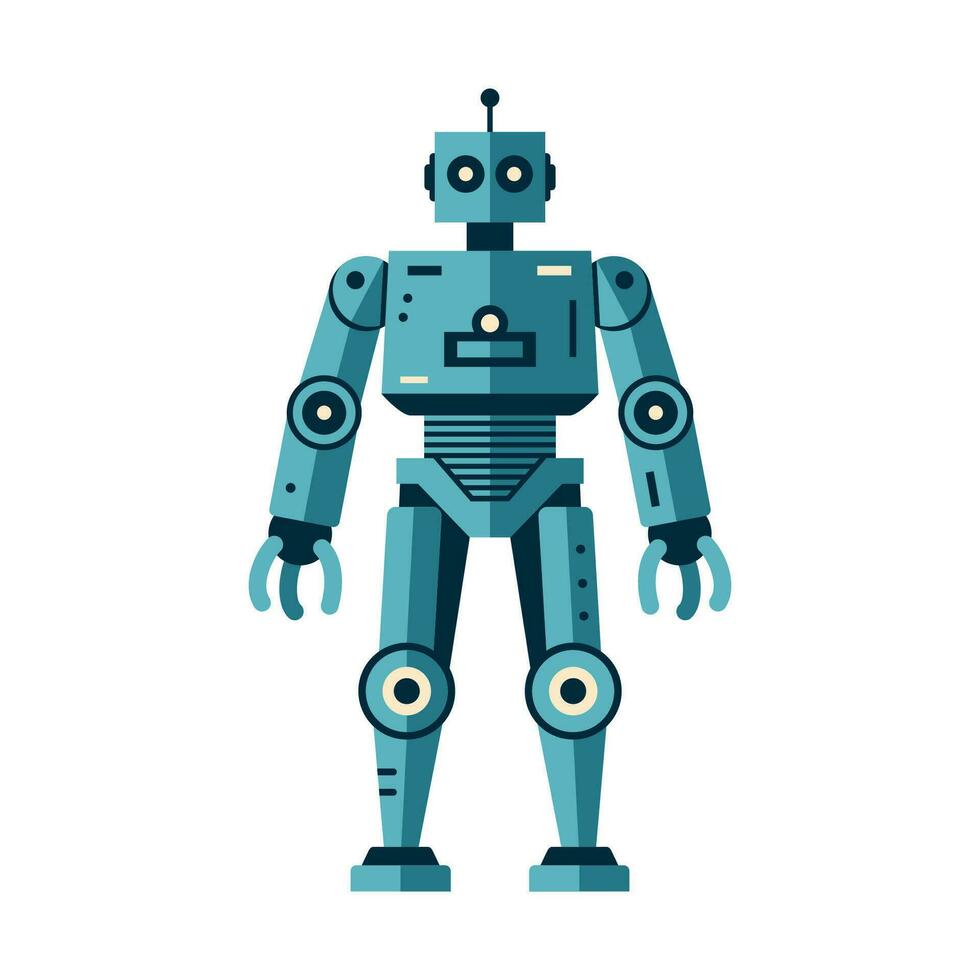 Robot machine technology metal cyborg in flat style. Futuristic humanoid mascot character. Science robotic, Android friendly character, robotic technology vector illustration