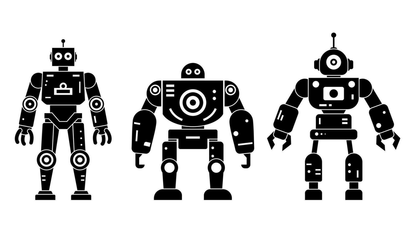 Robots set happy funny black icons. Machine technology cyborg silhouette. Futuristic humanoid characters set. Science robotic, Android friendly character, robotic technology vector illustration
