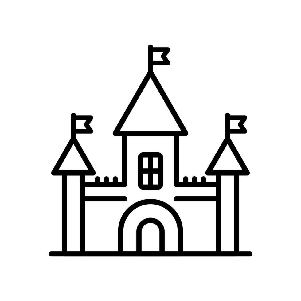 Castle line icon. Kingdom tower fantasy gothic architecture building silhouette. Medieval fortress palace. Royal old ancient magic castle. Vector illustration