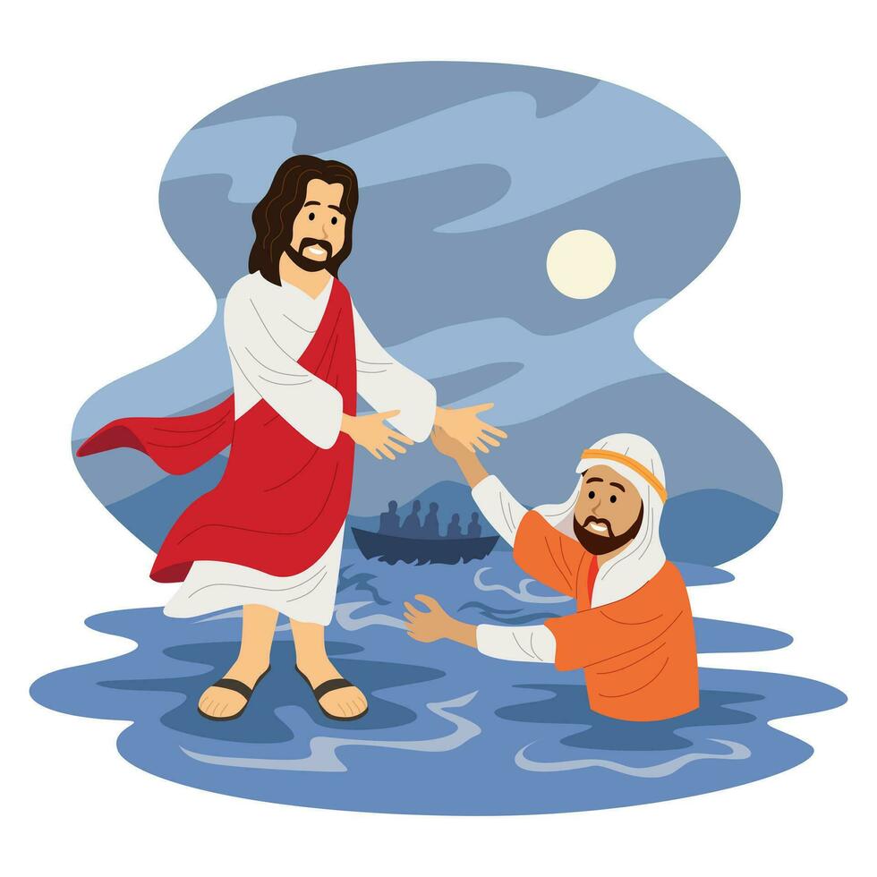 Jesus walked on water, and helped Peter who drowned because he tried to walk on water like him vector