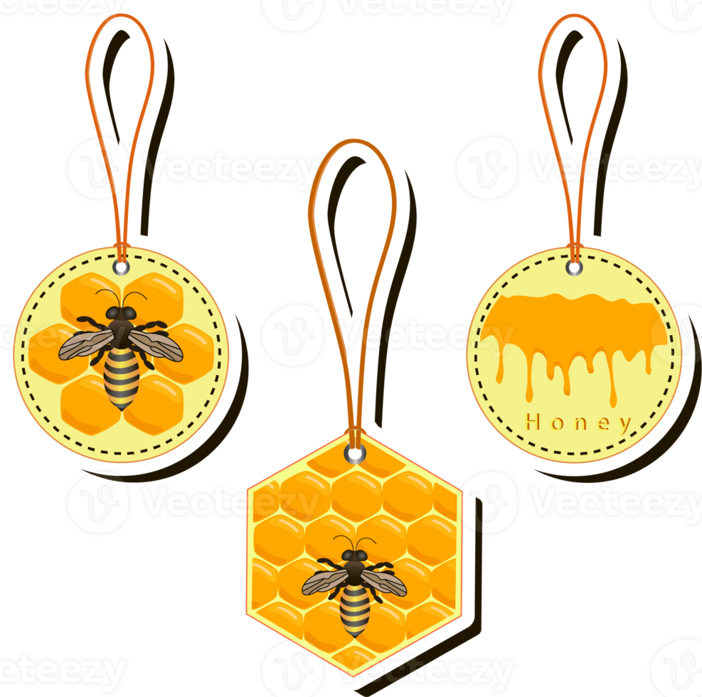 Illustration on theme for label of sugary flowing down honey in honeycomb with bee png