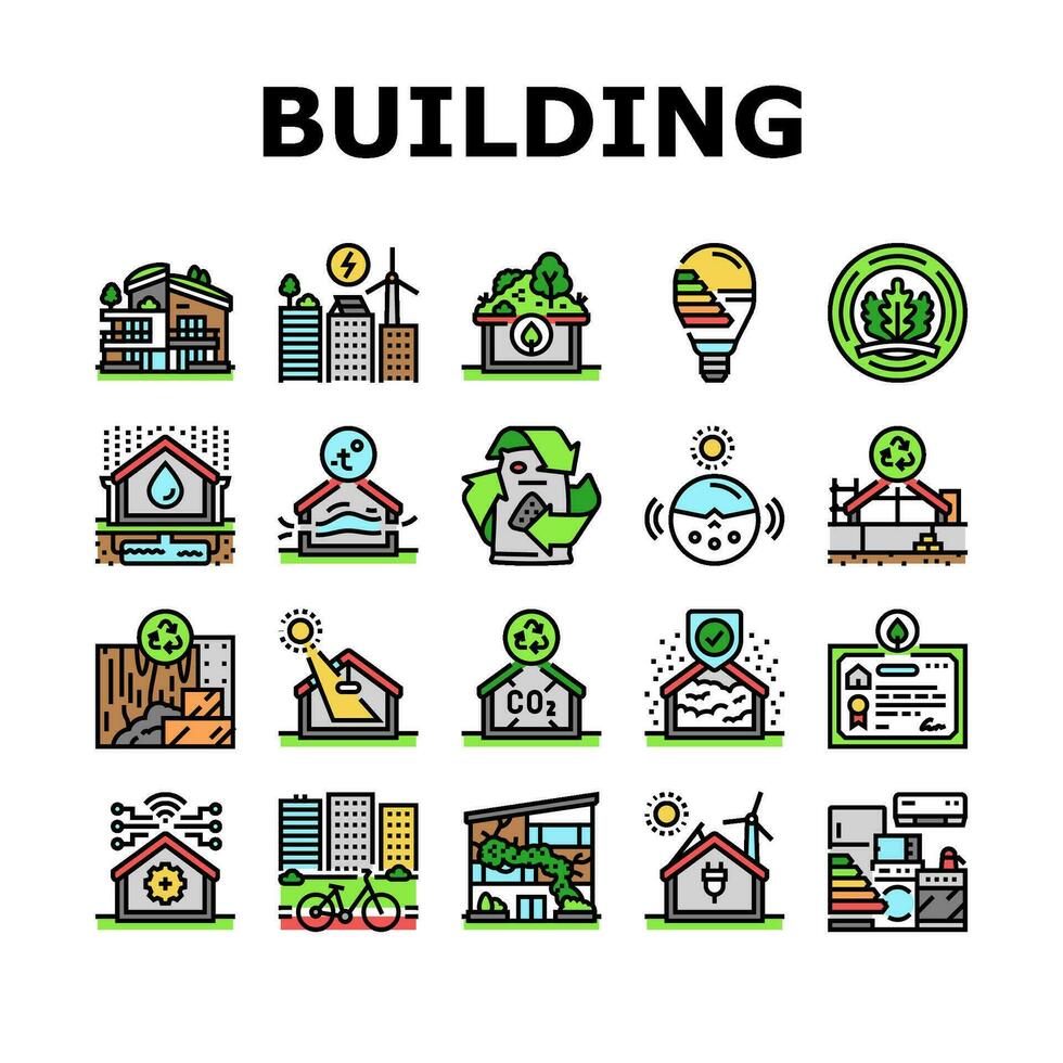 green building city eco office icons set vector