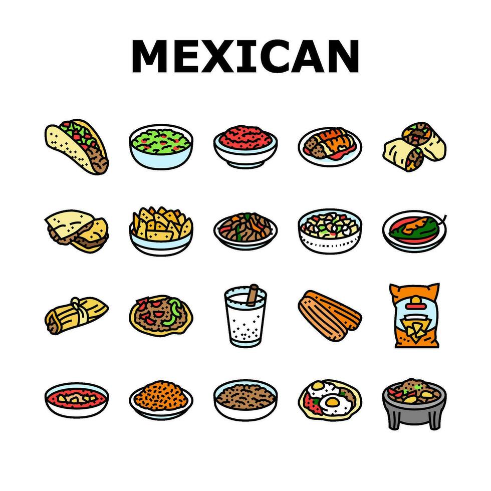 mexican cuisine food dinner icons set vector