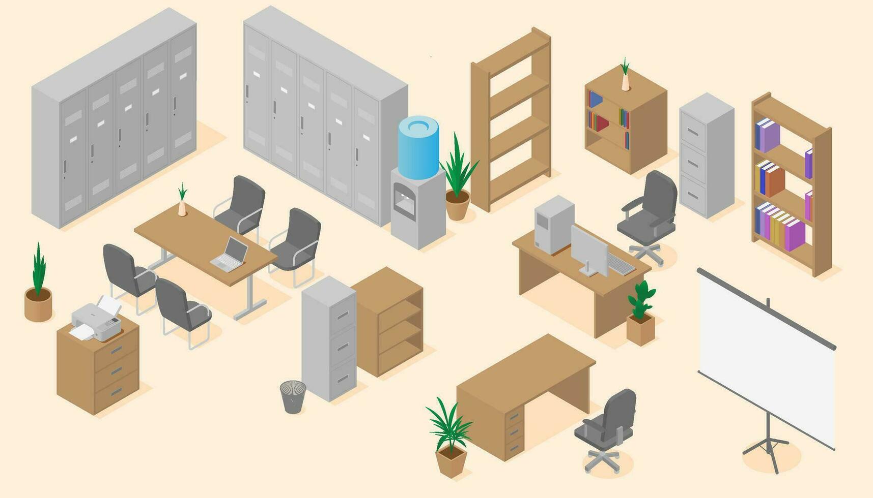 Set of vector illustrations of office furniture elements. Isometric design