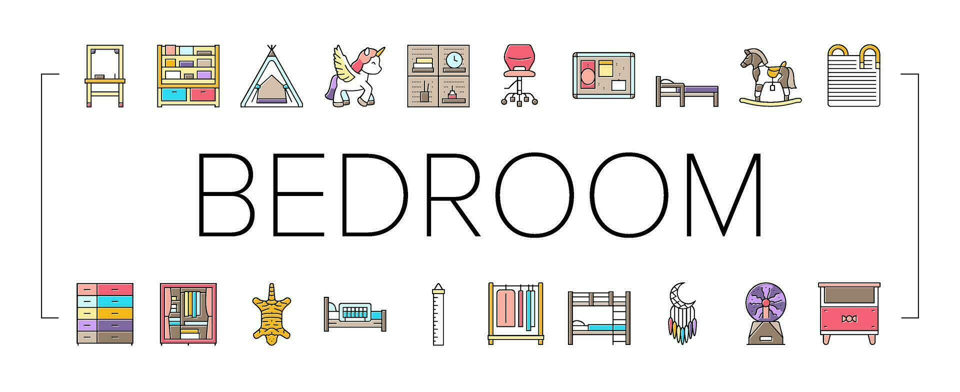 kid bedroom room interior icons set vector