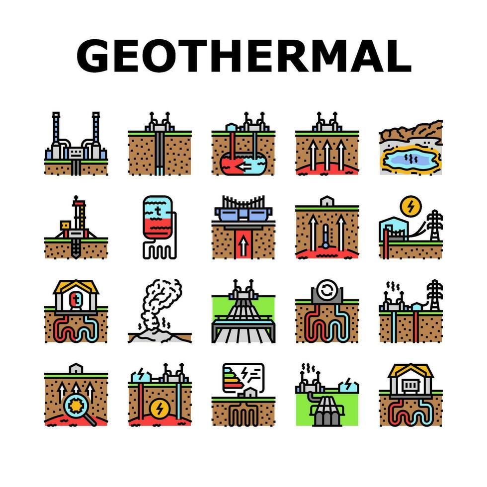 geothermal energy power plant icons set vector