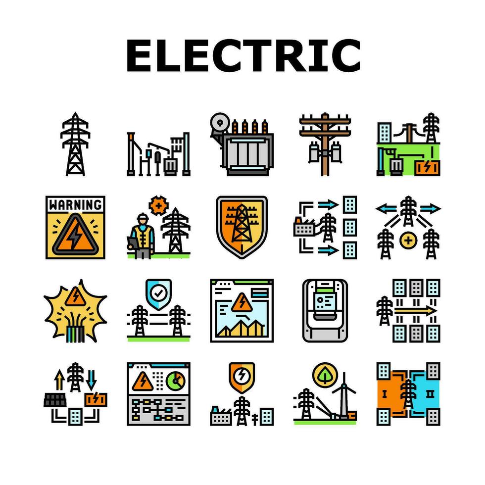 electric grid energy power icons set vector