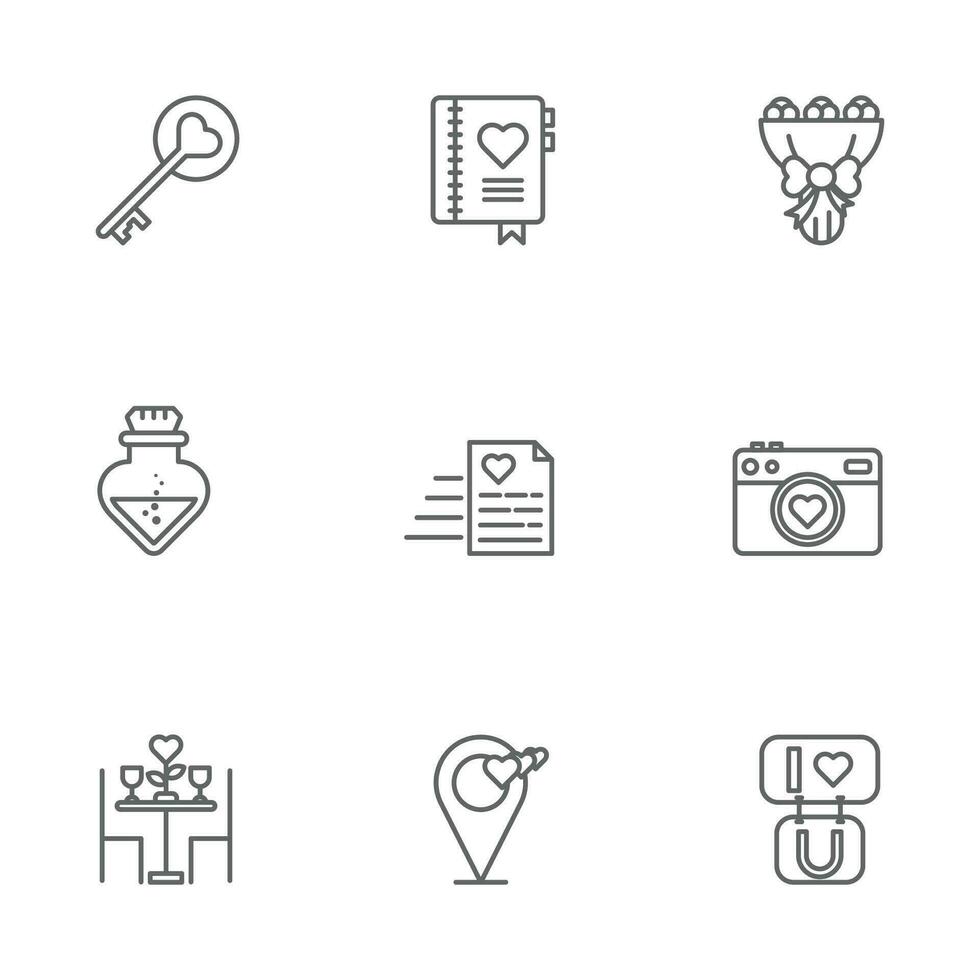 Valentine day icon design vector symbol set including love key, album, roses, parfum,  camera, date, i love you, location, map, letter