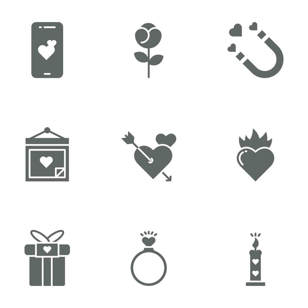 Valentine day solid icon design vector symbol set including smartphone, rose, love magnet, valentines day, cupid, heart fire, valentines gift, love ring, romantic candle