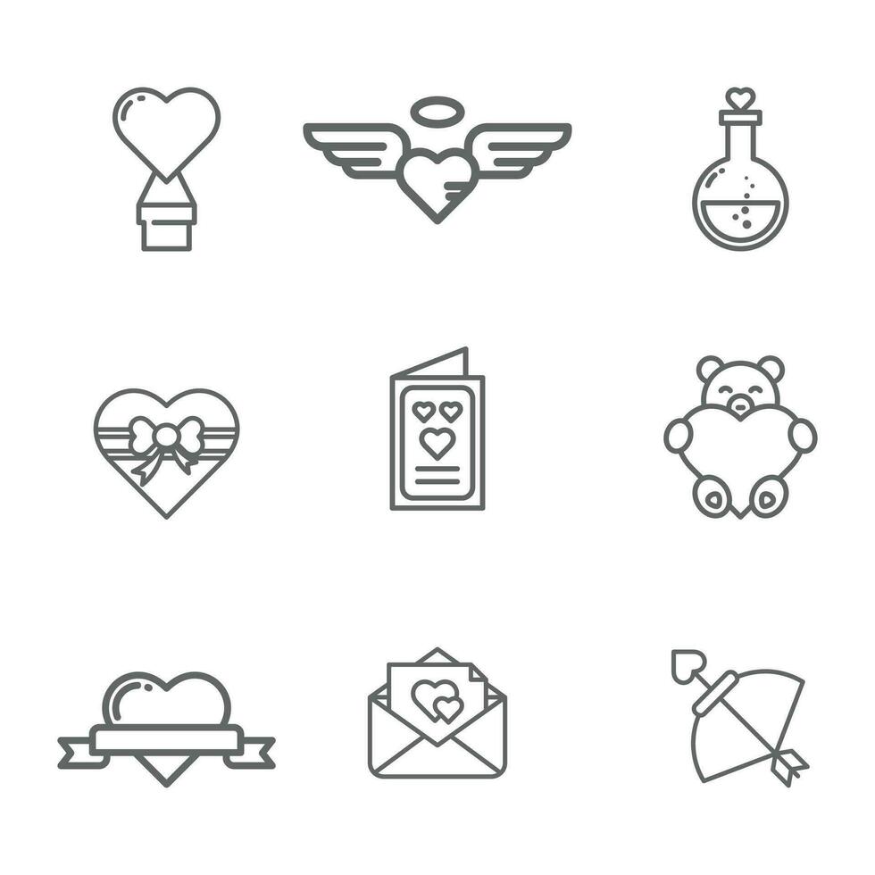 Valentine day icon design vector symbol set including hot air ballon, love angel, love poison, love gift, card, teddy bear, love letter, love arrow