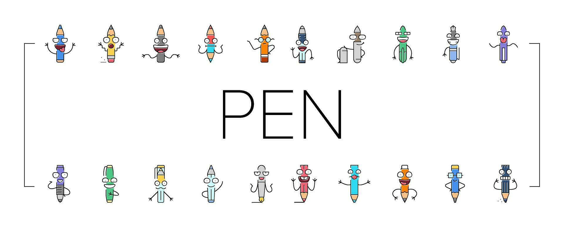 pen character pencil school icons set vector