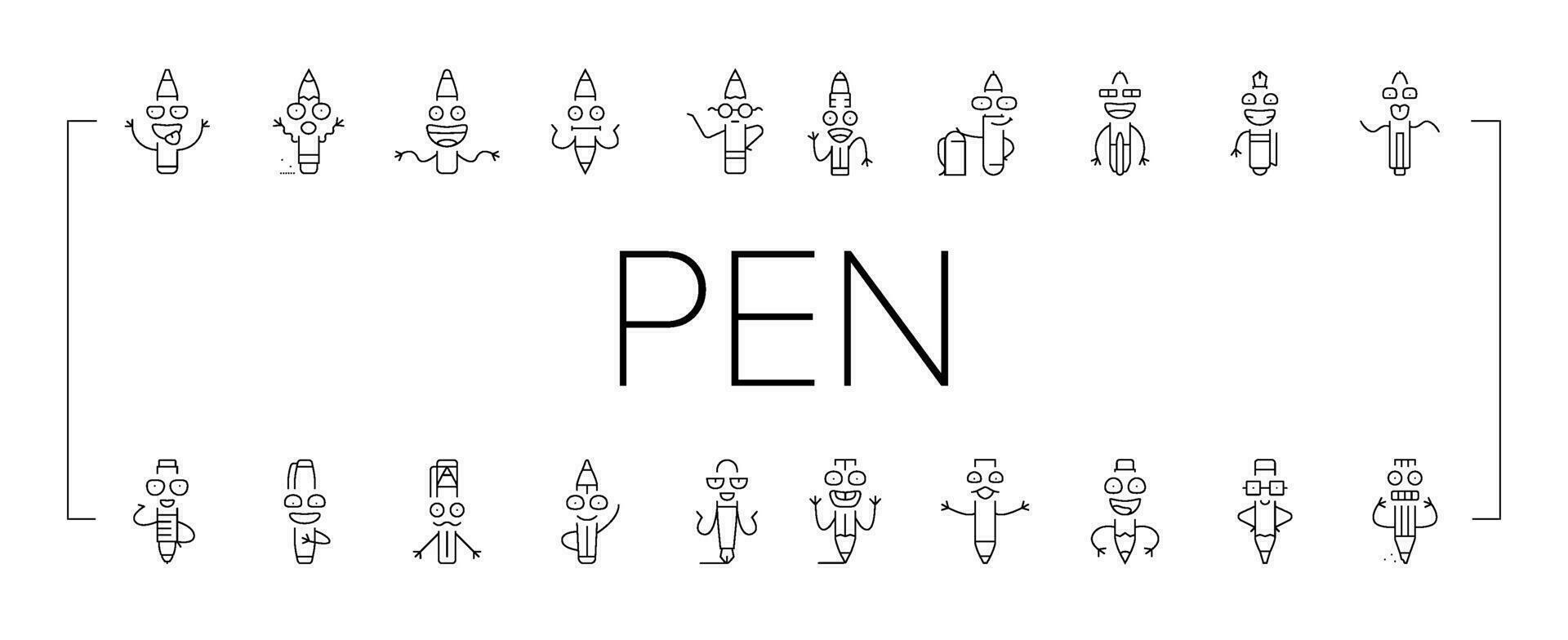 pen character pencil school icons set vector