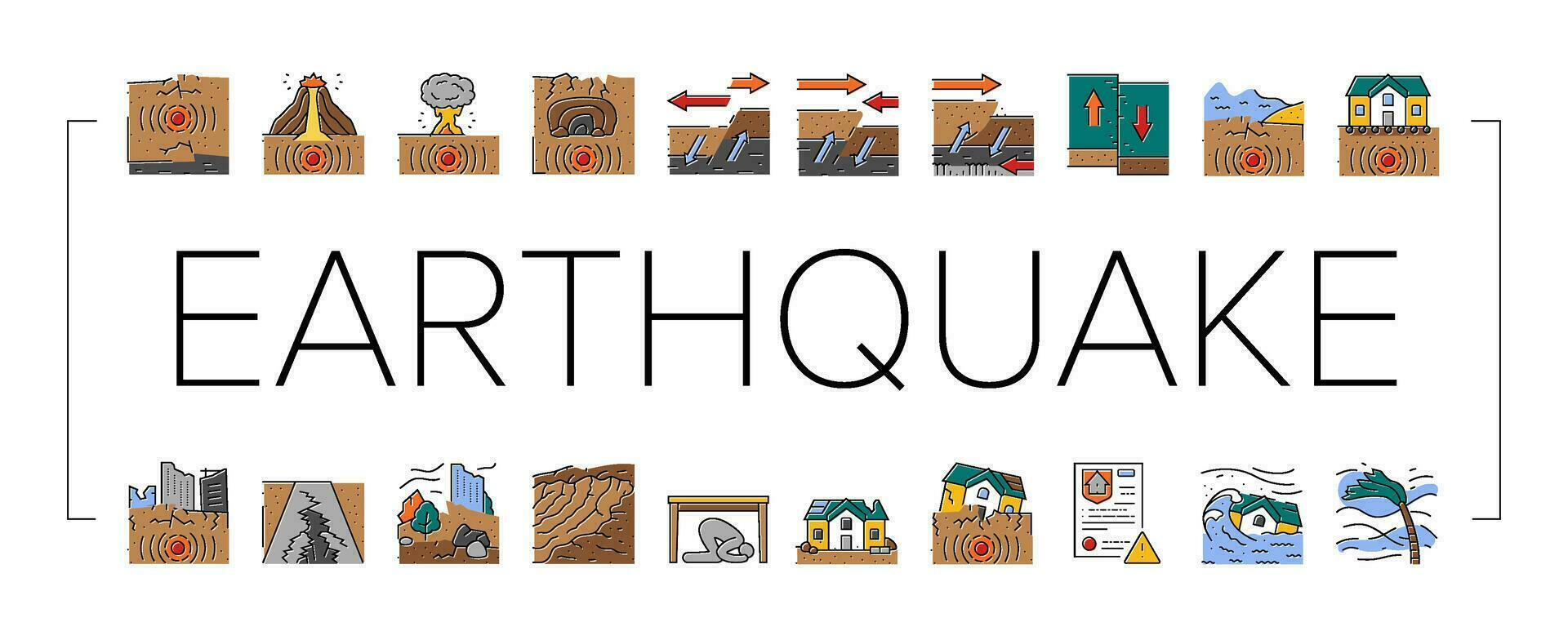 earthquake disaster wave crack icons set vector