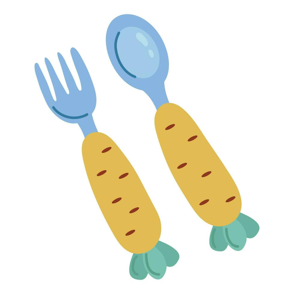 Cute hand drawn children's cutlery. Spoon and fork in the shape of a carrot. vector